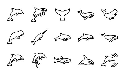 Ocean Mammal Icons Set: Whales, Dolphins, Orcas, Narwhals, and Sharks Vector Graphics © Saiful