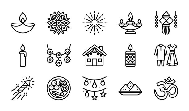 Diwali Icons Set, Indian Festival Symbols, Vector Graphics for Celebration and Tradition