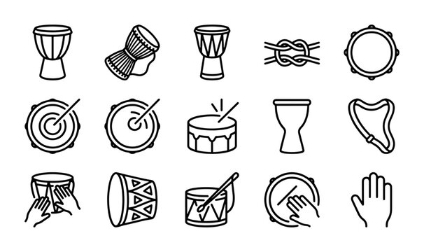 Drum Icons Set: Percussion Instruments, Musical Notes, Rhythm Symbols, Vector Graphics