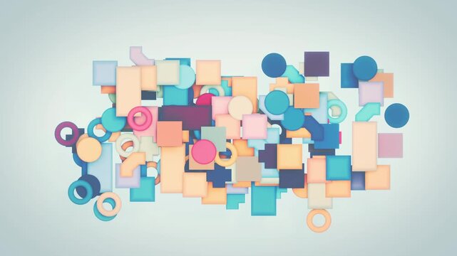 Geometric background of cloud of different colorful objects on white. Repeating 3d animation. 