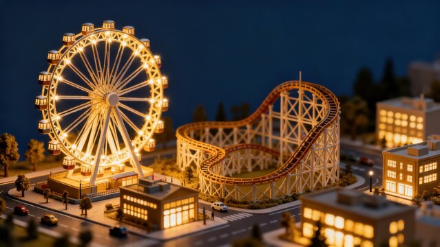 Miniature amusement park at night