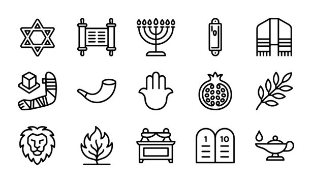 Jewish Symbols Vector Icons Set: Religious Objects, Culture, Tradition, Holidays, Celebration