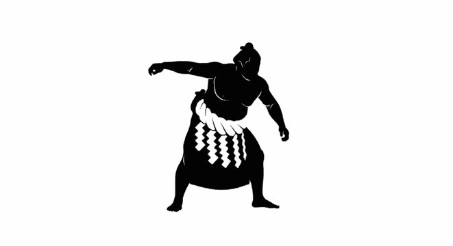 Black and white minimalist silhouette of a Japanese sumo wrestler performing a ritual pose on a white background, featuring a traditional mawashi belt with decorative rope and shide.