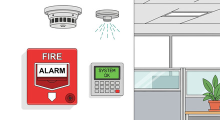 Fire Alarm System Components: Smoke Detector, Sprinkler, Pull Station, Control Panel © Beni