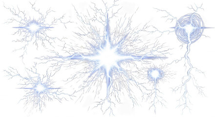 Obraz premium Multiple bright white electric lightning bolts, glowing plasma discharges, and starburst energy sparks isolated on a solid black background