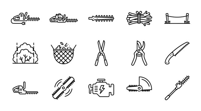 Gardening Tools Icons Set, Lawn Care Equipment Vector Graphics, Outdoor Maintenance Equipment Collection