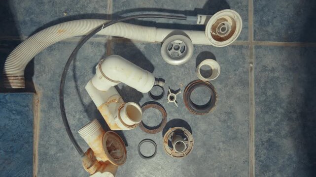 Old Disassembled Bathtub Drain Siphon Parts Laid Out on Tile Floor Top-Down View | Rusty Worn Plumbing Components After Replacement | Home Drain Maintenance and Repair Concept