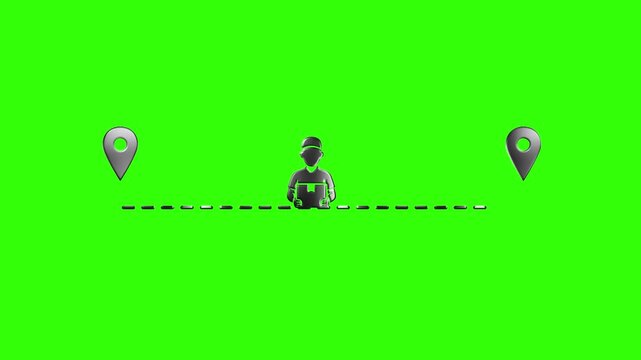 Isometric 3d illustration of a small character standing with a suitcase between two location markers on a flat green map surface.