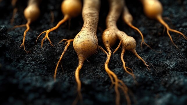 Close-up of golden ginseng roots with fine rootlets resting on dark rich soil, earthy, mysterious and primal atmosphere