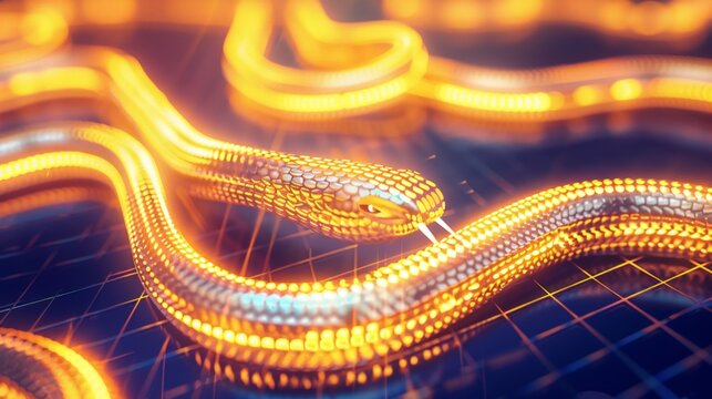 A snake with a yellow body and a black head is shown in a blue background. The snake appears to be glowing, giving the image a surreal and otherworldly feel
