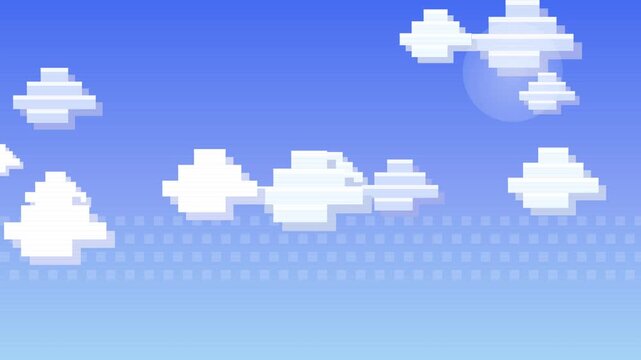 Pixel Art Retro Sky Background with Floating Clouds and Sun Motion