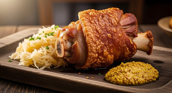 Roasted pork knuckle with sauerkraut.