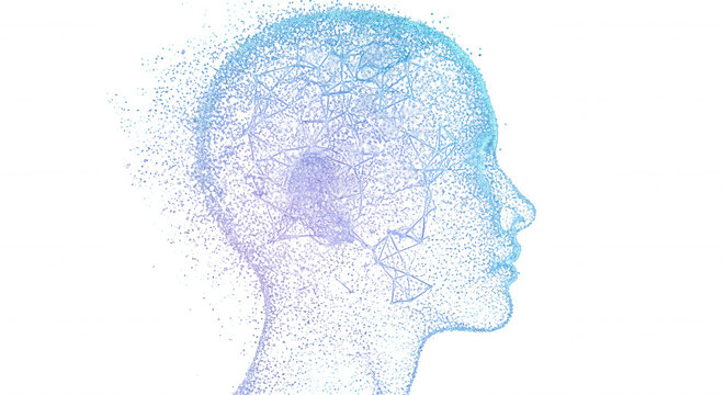 Profile view of a human head silhouette formed by blue and purple digital particles and glowing network connections on a black background