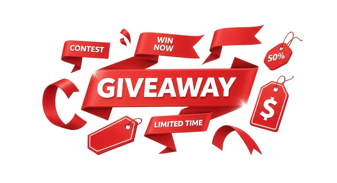 Red 3 d ribbon banner with giveaway text, win now, limited time labels, and price tags on a black background, for marketing promotions