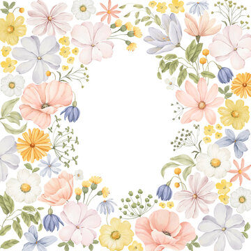 Watercolor colorful floral frame with delicate colored wildflowers, green leaves and branches. Isolated floral composition with oval window for your text, message, invitation or greeting cards, cover.