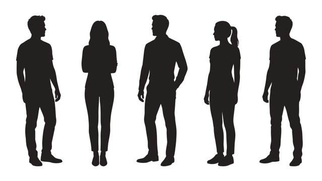 Five people standing in various poses black silhouette on a white background high quality professional detailed modern elegant stylish