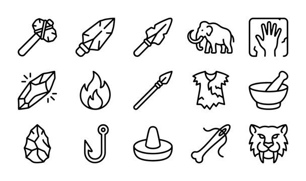 Stone Age Icons, Prehistoric Tools Vector Set: Mammoth, Spear, Flint, Fire, Caveman