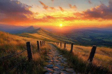 Obraz premium cobblestone path along a grassy ridge with wooden fence posts and barbed wire leading toward a glowing golden sunset over rolling hills, serene and awe-inspiring