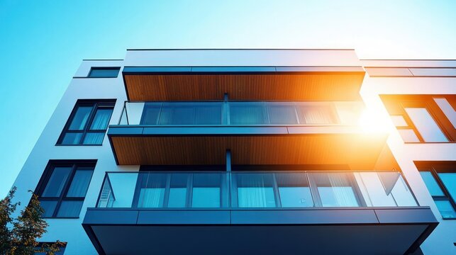 sunlit modern apartment balconies with glass railings and wood soffits, low-angle view under clear blue sky conveying warmth and serene urban living