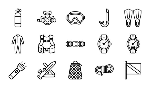 Scuba Diving Equipment Icons Set, Underwater Adventure Gear Collection, Dive Kit Vector Graphics for Marine Sports and Ocean Exploration