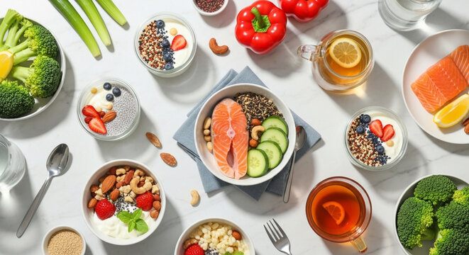 Healthy breakfast spread with salmon, berries, yogurt, nuts, and fresh vegetables, a wholesome meal