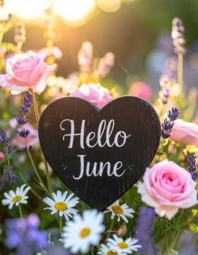 Charming black heart-shaped wooden sign with elegant white Hello June text, beautiful spring flowers, pink roses, lavender and daisies