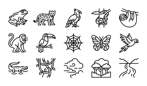 Amazon Rainforest Icons: Wildlife, Flora, and Landscape Vector Set for Nature Graphics
