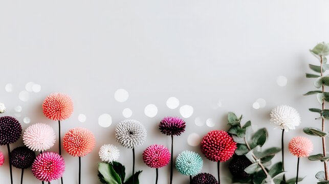 Commercial overhead dried flower bunch with yellow, magenta, beige crinkled blooms, long dark green stems, light neutral background with open left side.