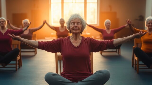 Sunlit group of older adults with blurred faces seated on chairs in a calm chair yoga class, arms outstretched in peaceful stretching and mindful breathing