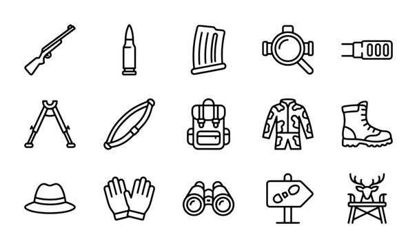 Hunting Icons Set, Outdoor Adventure Gear, Wildlife Sport Equipment, Vector Graphics Collection