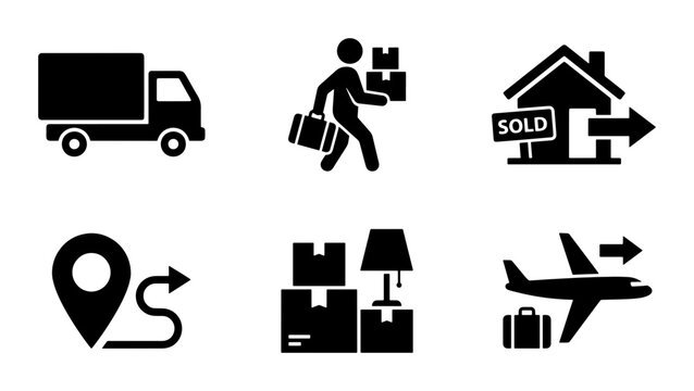 Moving Icons Set: Truck, Person, House Sold, Location Route, Boxes, Airplane Travel