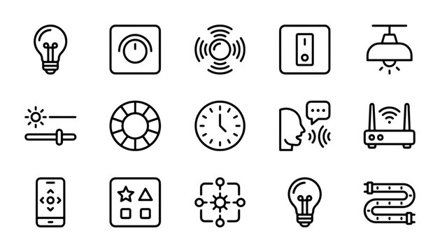 Smart Home Icons Set, Technology Control Symbols, Digital Automation Elements, 15 Vector Graphics