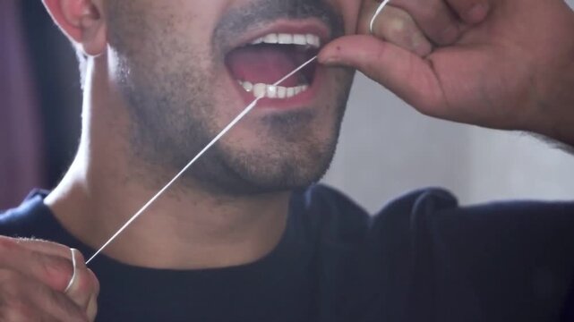 Bearded Man Using Dental Floss Close Up Oral Care Routine