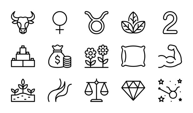 Taurus Zodiac Icons, Astrology Symbols, Celestial Signs, Horoscope Elements, Vector Set