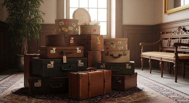 Vintage luggage stacked in room.
