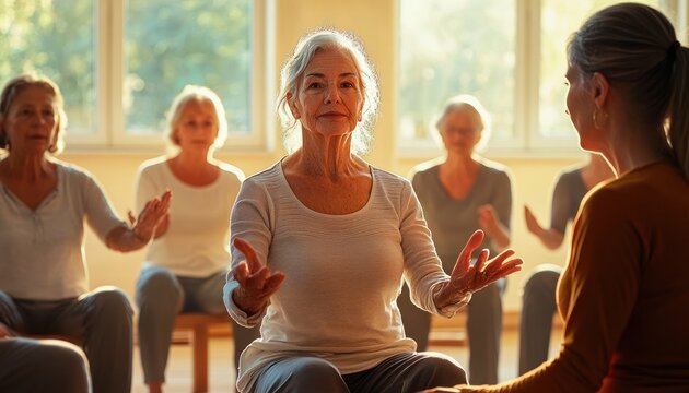 Sunlit seated group meditation and gentle yoga class of older adults with calm, focused and peaceful atmosphere