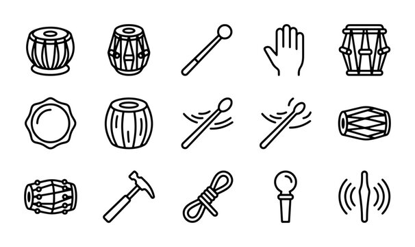 Indian Percussion Instruments Vector Icons Set: Tabla, Dholak, Damru, Drumsticks, Hand