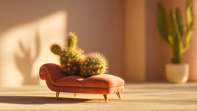 A small cactus lying on a plush lounge chair, a warm desert-themed studio backdrop, soft afternoon sunlight, a quiet surrealist humor, and a premium minimalist composition.