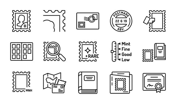 Stamp Collecting Icons, Philately Vector Set: Vintage Mail, Album, Magnifying Glass, Certificate