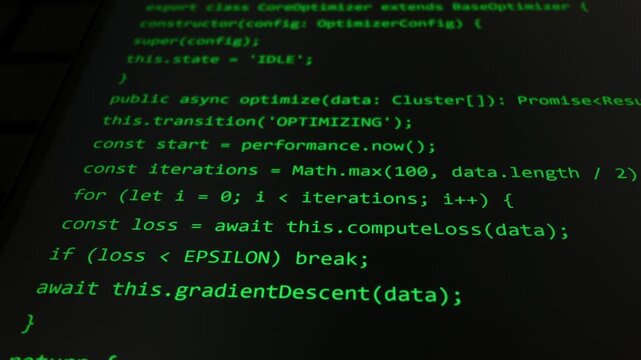 Green programming script flows across a dark terminal screen as artificial intelligence generates complex software code in real time. Concept of autonomous engineering and automated systems.