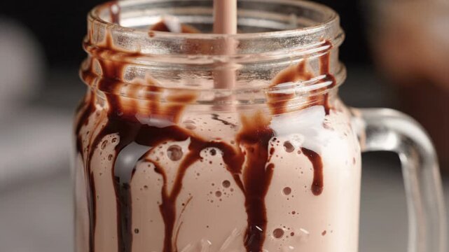 Creamy chocolate milkshake streams into clear glass jar, rich syrup dripping playfully. delicious, indulgent treat delivers pure sweet refreshment and joy