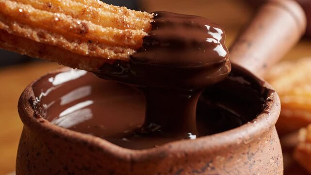 Delicious crispy golden churro dipping into rich melted chocolate sauce. Pure culinary joy, delightful sugar snack treat, perfect comforting sweet dessert indulgence with every dipping experience