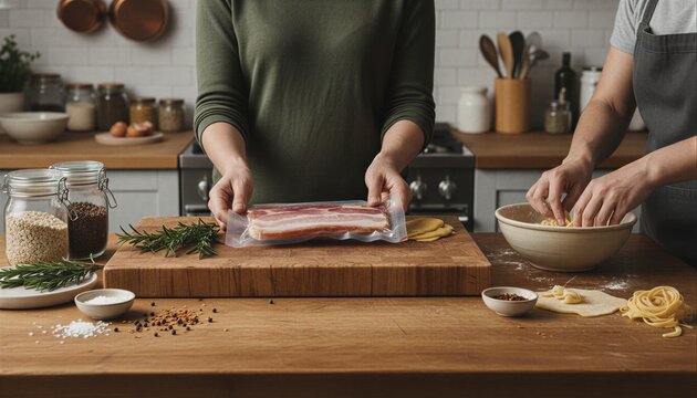 Couple preparing dinner with sliced speck in cozy kitchen