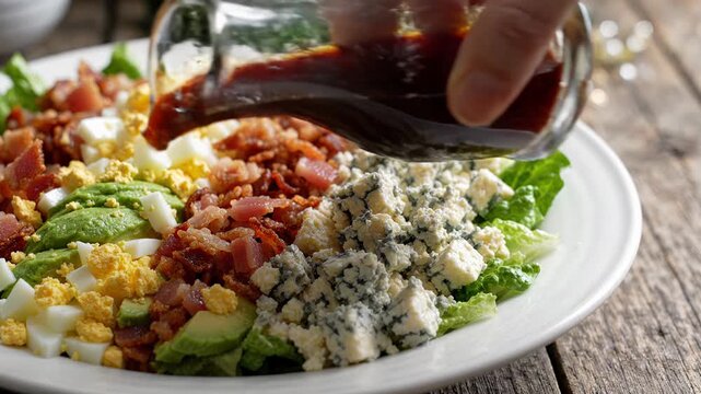 Fresh Cobb salad, featuring vibrant layers of crisp lettuce, creamy avocado, and savory bacon. Delicious and healthy meal offers appetizing food, with zesty dressing pouring for truly satisfying