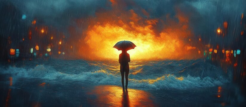 solitary figure with umbrella on wet shore facing blazing golden horizon and roaring waves beneath a stormy sky, a scene of awe and solitude