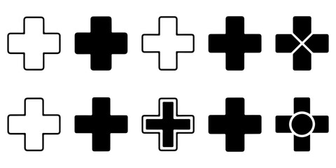 Obraz premium Medical cross icon set with black and white healthcare plus symbols in modern geometric vector style isolated on gray background