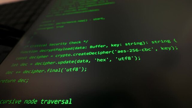 Green programming code lines stream across a dark screen with a glowing digital aesthetic. Software is generated automatically by artificial intelligence for optimization and web development