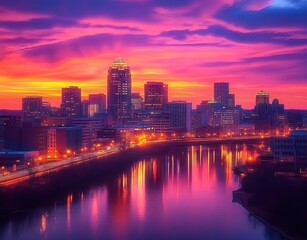 Fototapeta premium Purple and orange sunset over a riverside city skyline with glowing streetlights and skyscraper reflections, serene and dramatic evening atmosphere