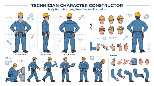 Professional technician character kit for animation featuring male worker in industrial uniform helmet and goggles with front side back view plus various body part pose and posture set