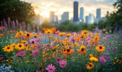 Obraz premium Vibrant wildflower meadow with yellow, orange and pink blossoms glowing in golden sunrise, soft green trees and blurred city skyline in the background, peaceful and uplifting